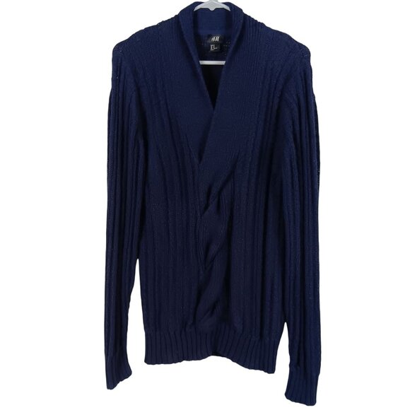 H&M Womens Navy Blue Ribbed Knitted Sweater Medium Twist Front Oversized Sleeves - Picture 1 of 9